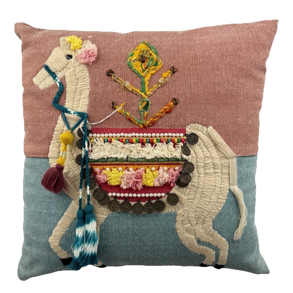 Eastern Escape World Traveler, BOHO Embroidered Llama Pillow With Tassels.